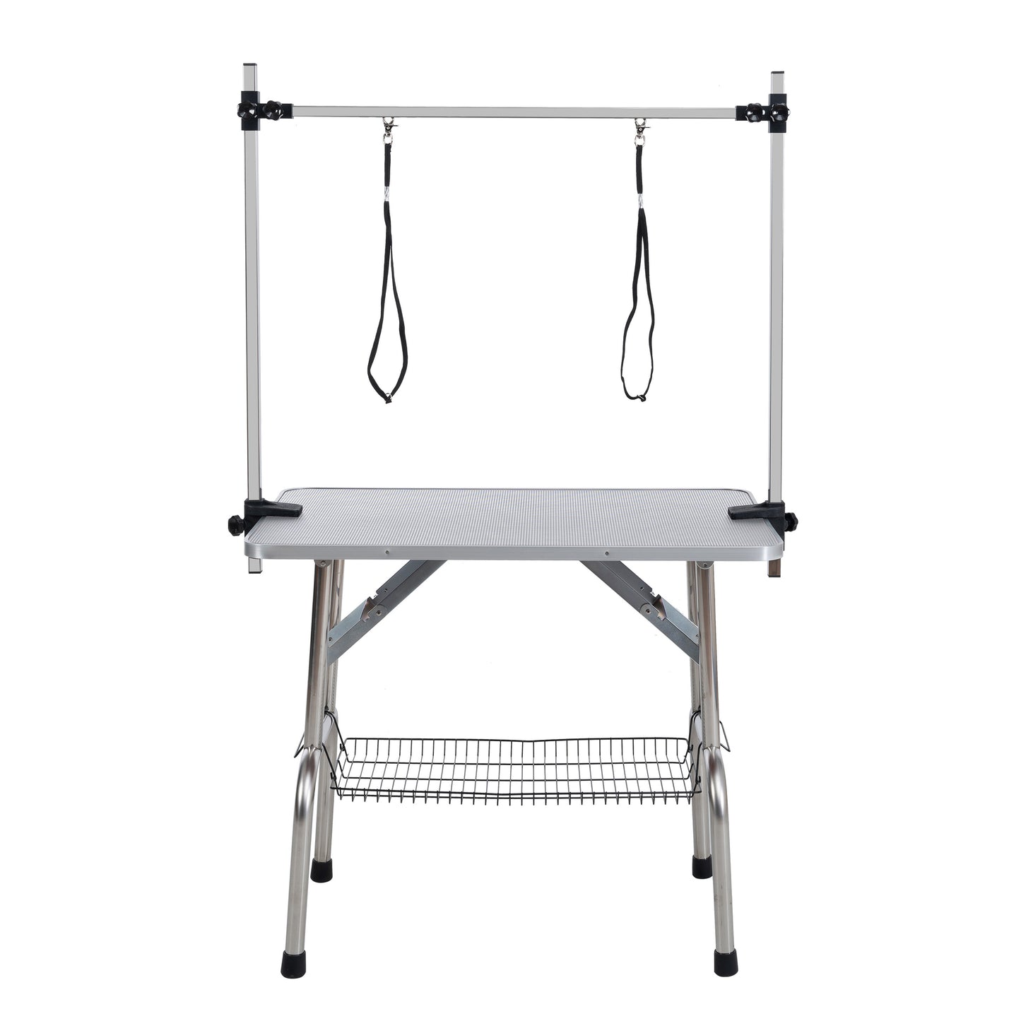 Silver-Gray Folding Pet Grooming Table with Stainless Steel Frame and Rubber Mat, Adjustable Arm and Clamps for Dogs and Cats, 46-Inch