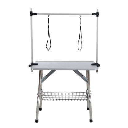 Silver-Gray Folding Pet Grooming Table with Stainless Steel Frame and Rubber Mat, Adjustable Arm and Clamps for Dogs and Cats, 46-Inch