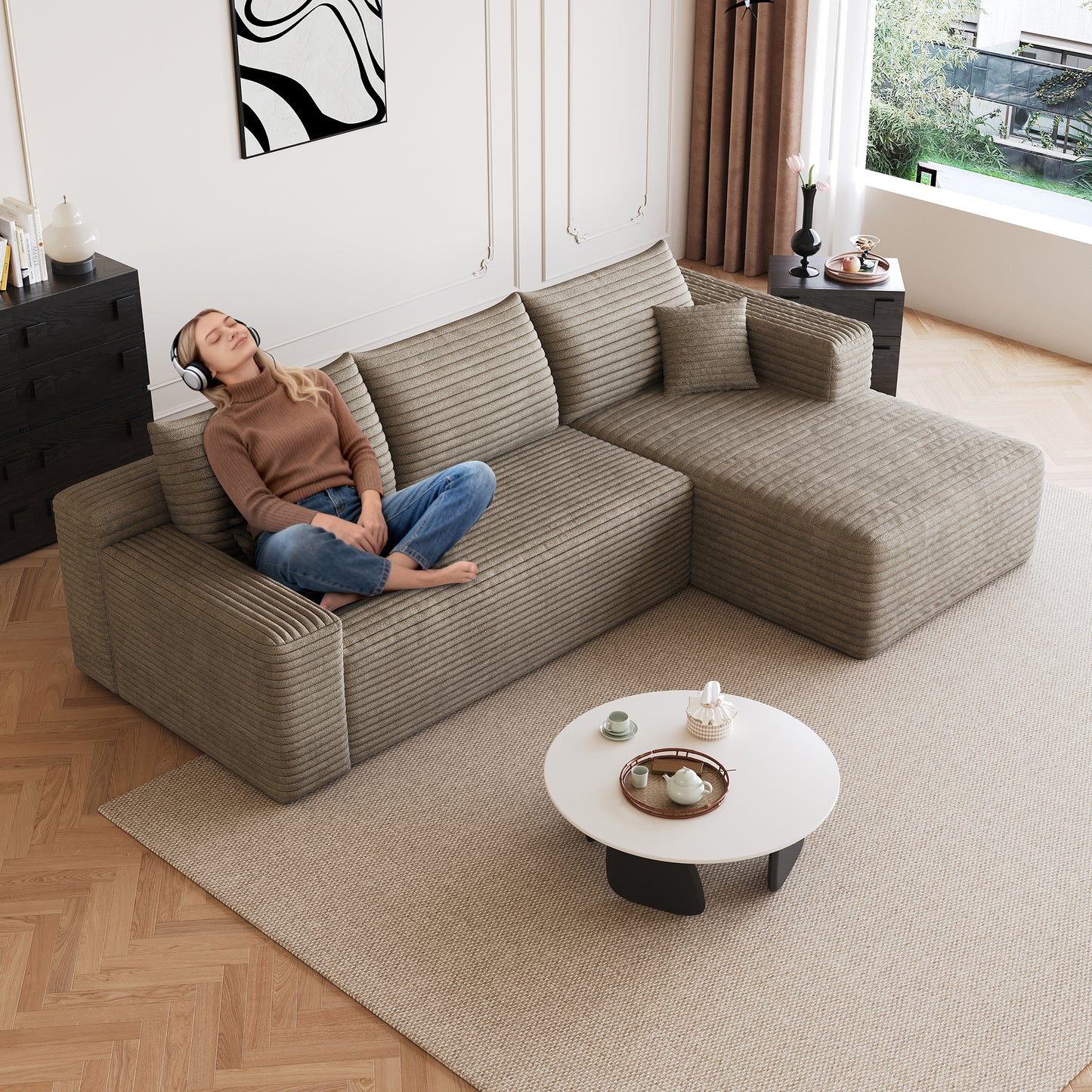 95' Cloud Sectional Sofa,Modern Minimalist Upholstered Couches, Comfort U Shaped Sofa for Living Room,Deep Seat Corner Couch,No Assembly Required,Camel( (Plush Corduroy Fabric)