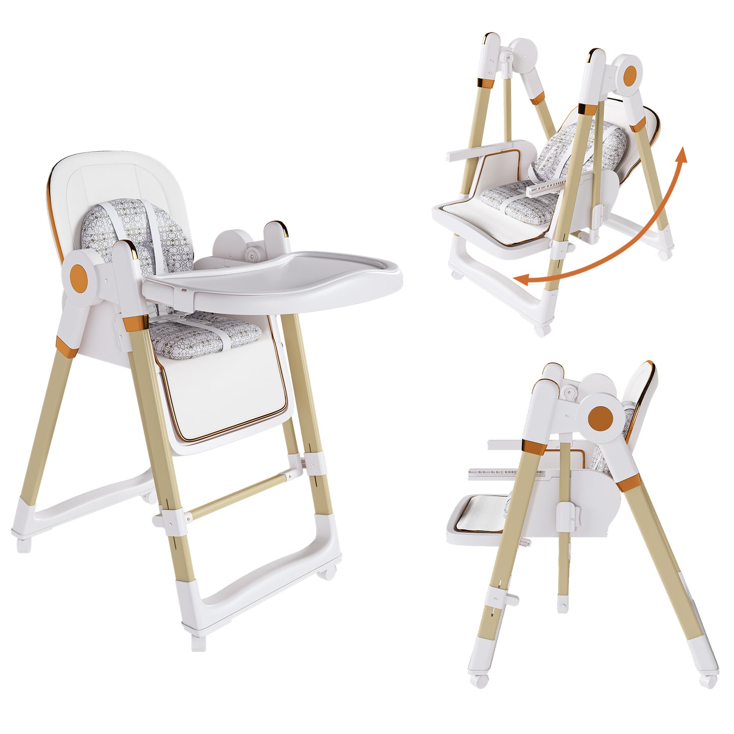 Convertible Baby High Chair to Rocker with 5-Point Harness, Foldable Infant Feeding Chair in White with Removable 2-Tier Easy-Clean Tray for 6M-3Yrs