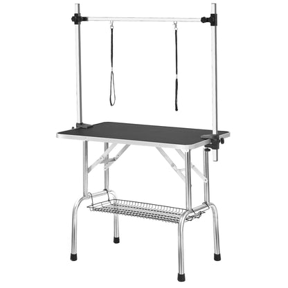 36' Professional Dog Grooming Table Adjustable Heavy Duty Portable with Arm & Noose & Mesh Tray in Black Stainless Steel