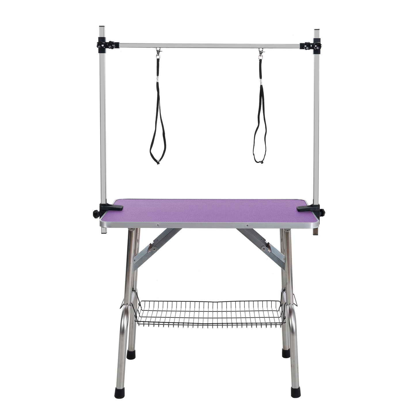 Purple Folding Pet Grooming Table with Stainless Steel Frame and Rubber Mat, Adjustable Arm & Clamps for Dogs and Cats