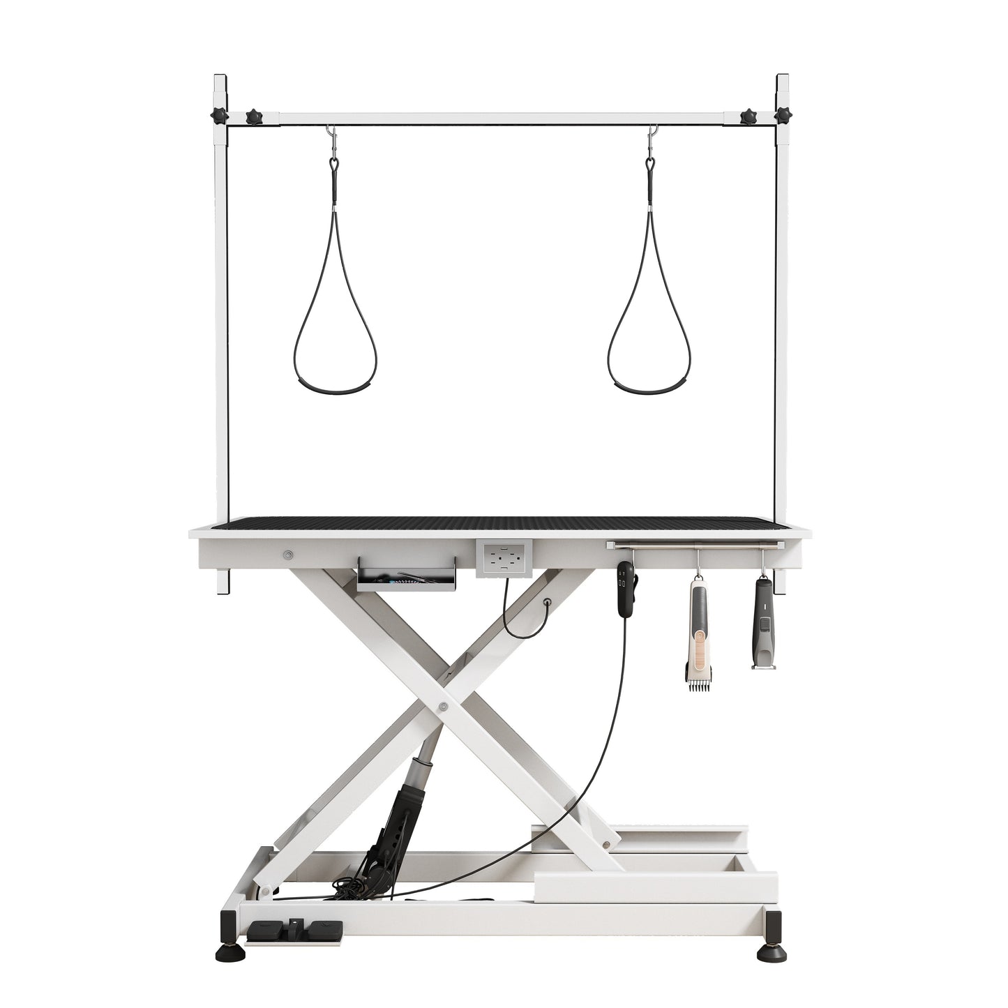 Super Deluxe Electric Pet Grooming Table, White Color, Height Adjustable 10 to 36 Inch, MDF and Steel Construction