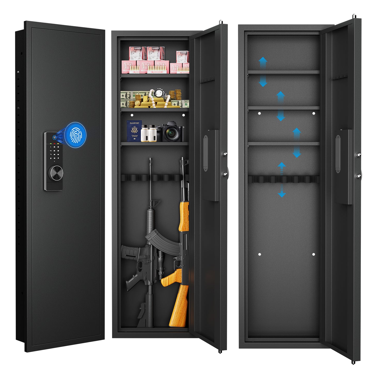 53' Fingerprint Touch Panel In-Wall Safe,Hidden Wall Gun Safe for Rifles with Adjustable Shelves,Assembled Storage Multifunctional Wall Safe for Firearm and Valuables (Black-Fingerprint)