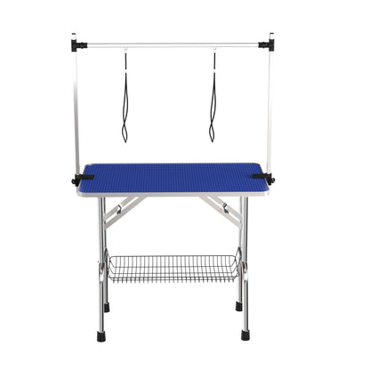 36' Folding Dog Pet Grooming Table Heavy Duty Stainless Steel Blue Grooming Table with Non-Slip Surface and Adjustable Arm