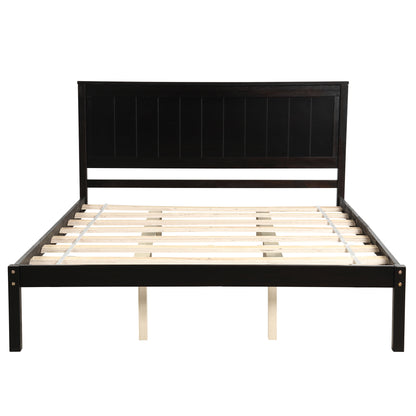 Espresso Platform Bed Frame with Headboard, Wood Slat Support, No Box Spring Needed, Queen, Pine and MDF Construction