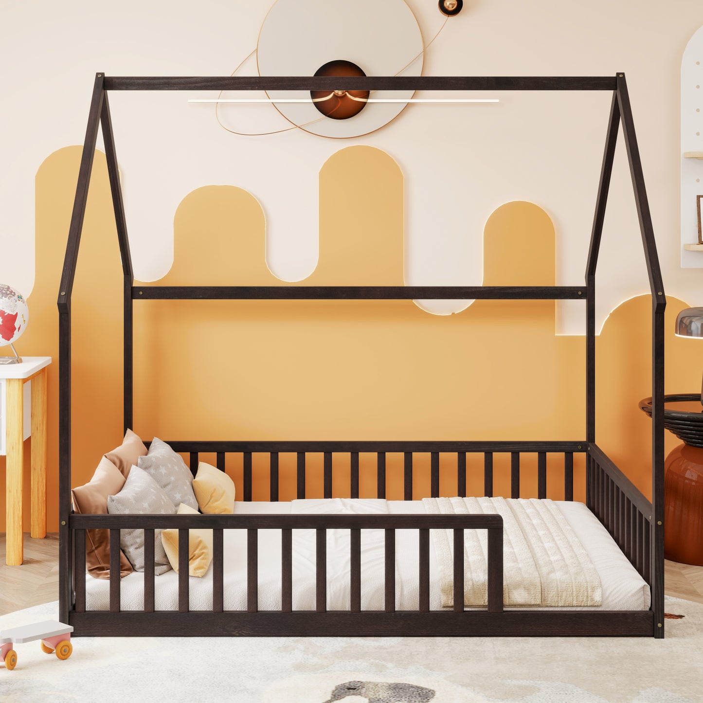 House Floor Bed with Guardrails