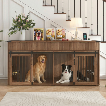 71'' Furniture Style Double Dog Crate with 3 Fluted Drawers and Waterproof Walnut Woodgrain Tabletop,Large Dog Kennel Furniture with Type-C Power Outlet & Rotating Feeders for Heavy Duty Dogs(Walnut)