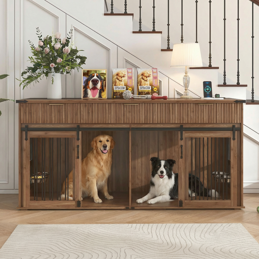 71'' Furniture Style Double Dog Crate with 3 Fluted Drawers and Waterproof Walnut Woodgrain Tabletop,Large Dog Kennel Furniture with Type-C Power Outlet & Rotating Feeders for Heavy Duty Dogs(Walnut)