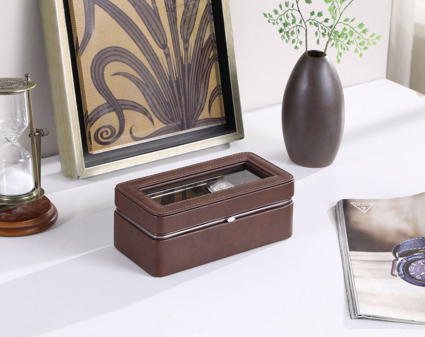 8' Long Tempered Glass and Leather 4-Slot Watch Display Case, Brown