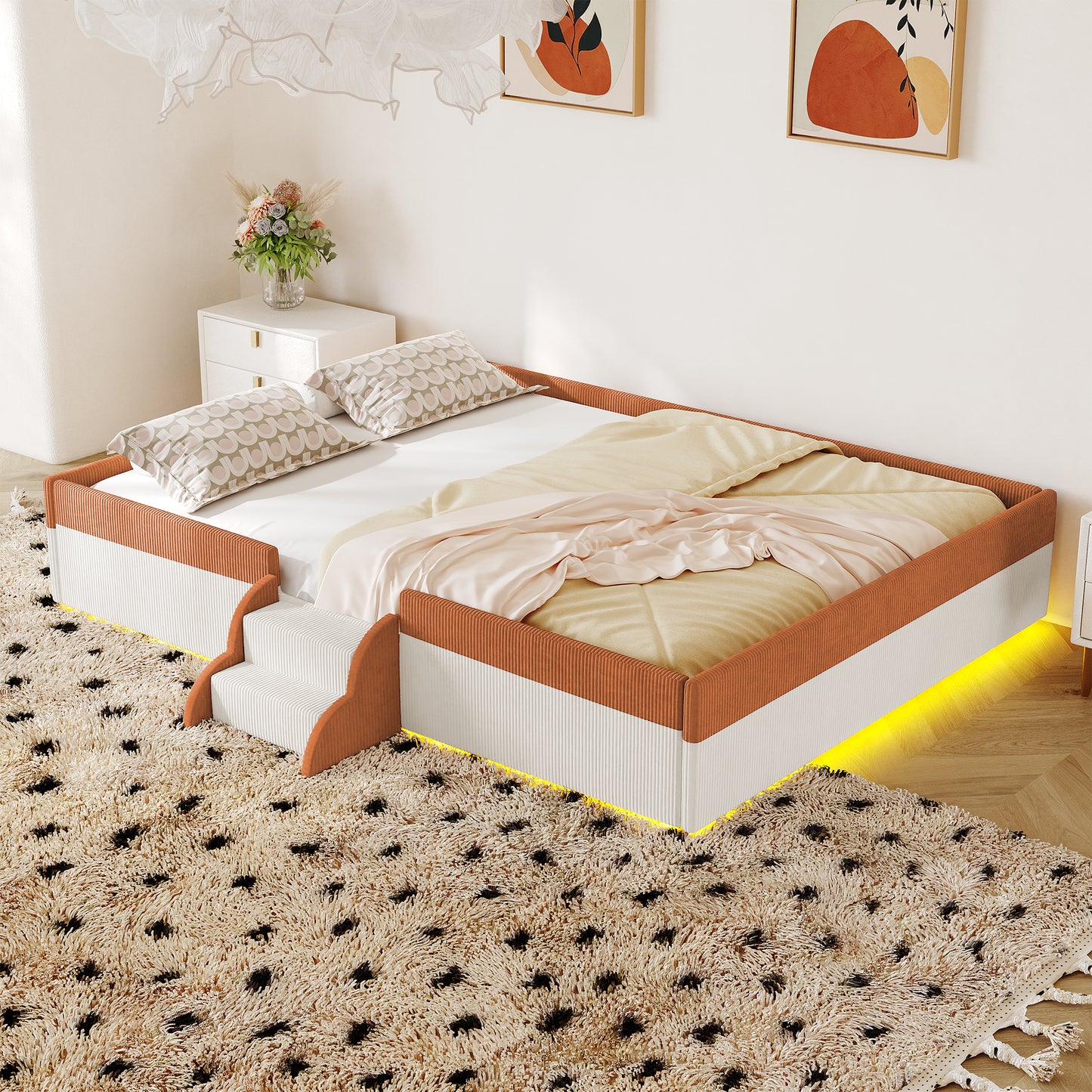 Full Size Upholstered Floor Bed with Fence, 2-Tier Steps and Smart LED Lights,Brown+White