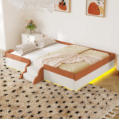 Full Size Upholstered Floor Bed with Fence, 2-Tier Steps and Smart LED Lights,Brown+White