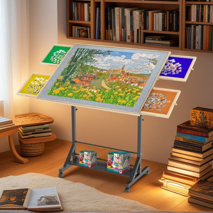 Wooden 1500 Pieces Puzzle Table with Drawer, 35'*27.17' Adjustable Puzzle Table, 360° Tilting Puzzle Table with Legs and Wheels, Adjustable Height and Angle, with Protective Cover