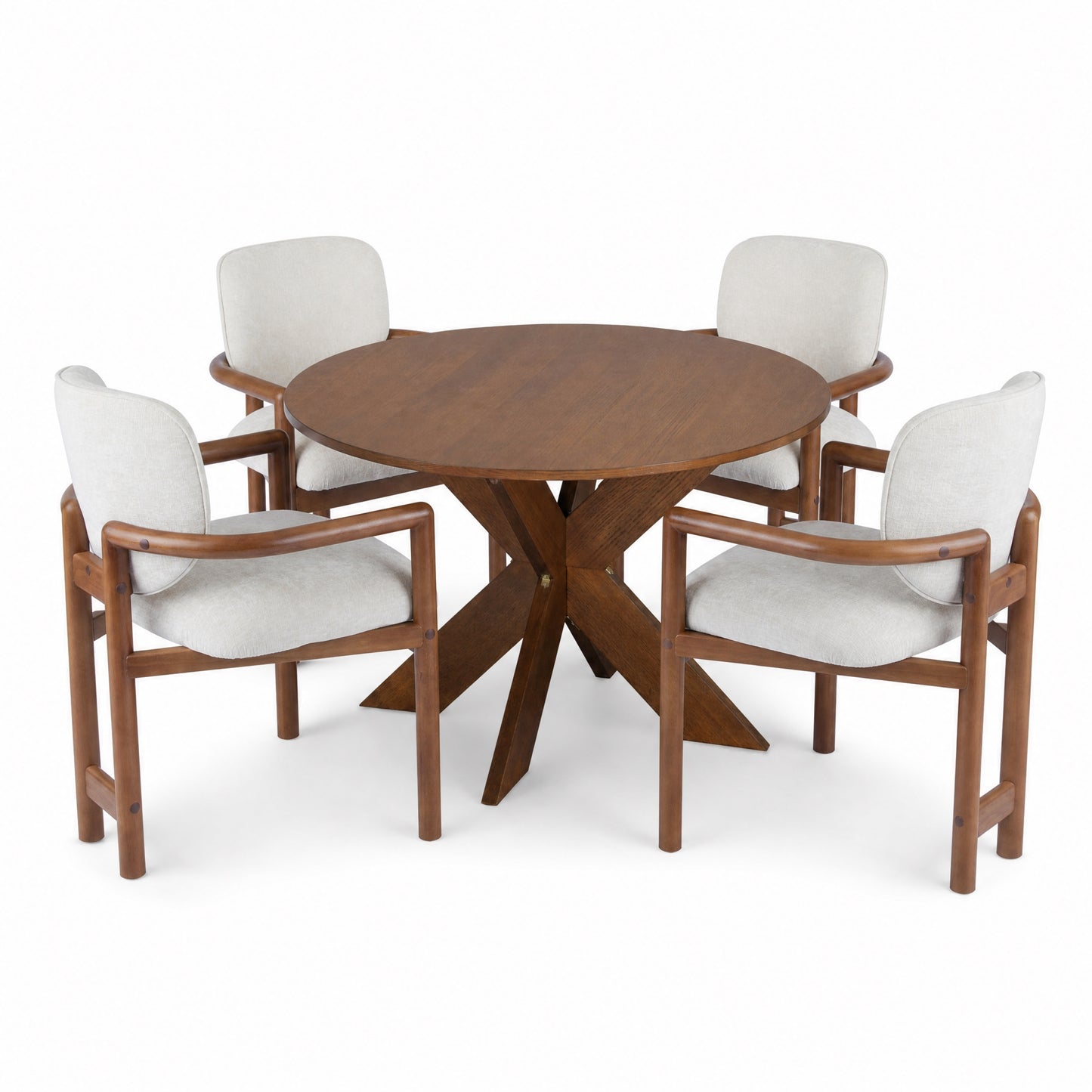 5-Piece Indoor Dining Set: 46.1' Round Cherry Table & 4 Brown Rubber Wood Arm Chairs with Beige Fabric Upholstery