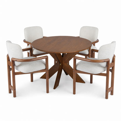 5-Piece Indoor Dining Set: 46.1' Round Cherry Table & 4 Brown Rubber Wood Arm Chairs with Beige Fabric Upholstery