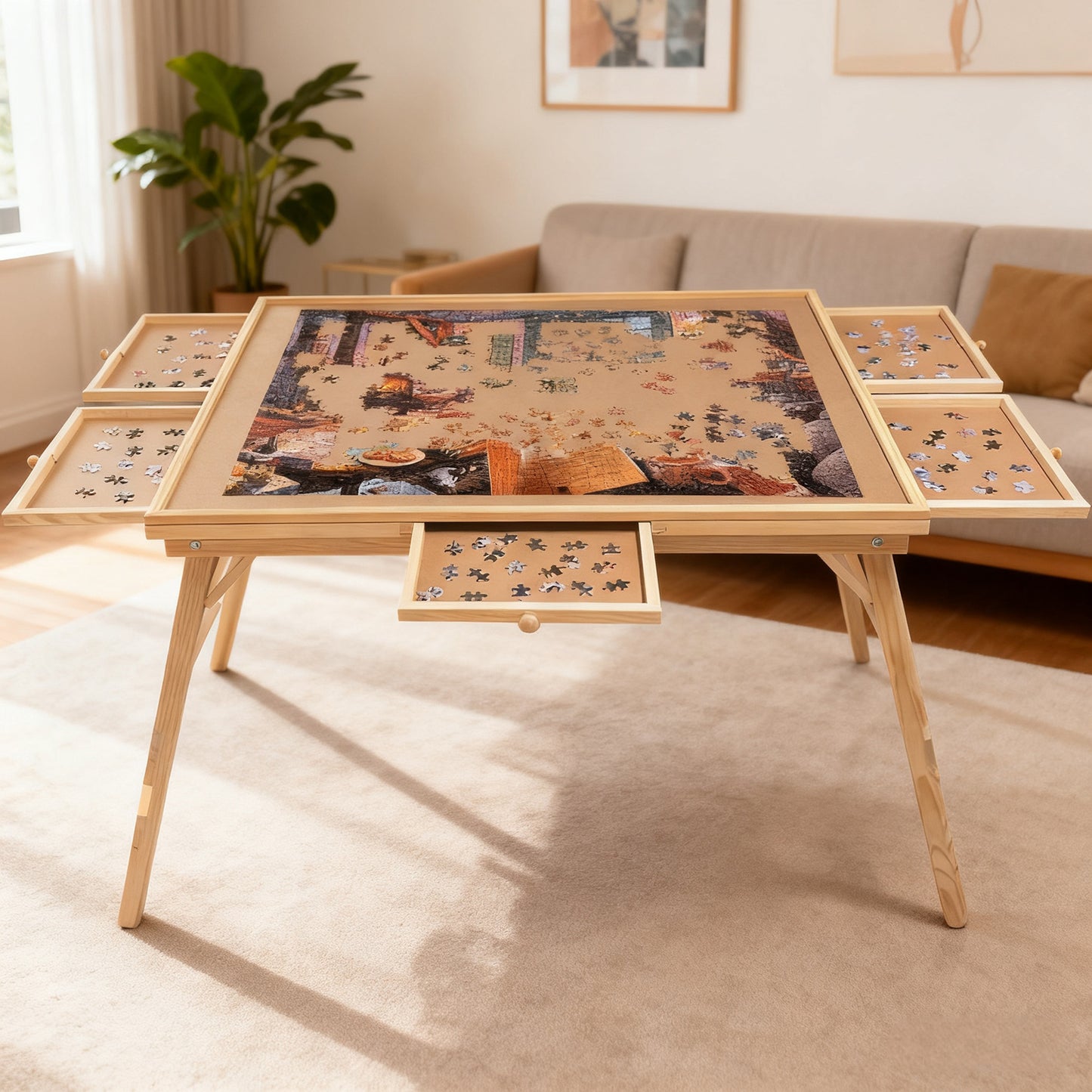 27' H Tall 1500 Piece Puzzle Table with Legs, 5 Drawers, 34' W x 26' D Large Wood Folding Jigsaw Puzzle Board for Adults, Nature