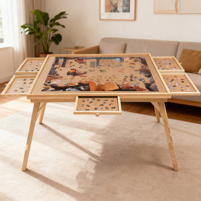 27' H Tall 1500 Piece Puzzle Table with Legs, 5 Drawers, 34' W x 26' D Large Wood Folding Jigsaw Puzzle Board for Adults, Nature