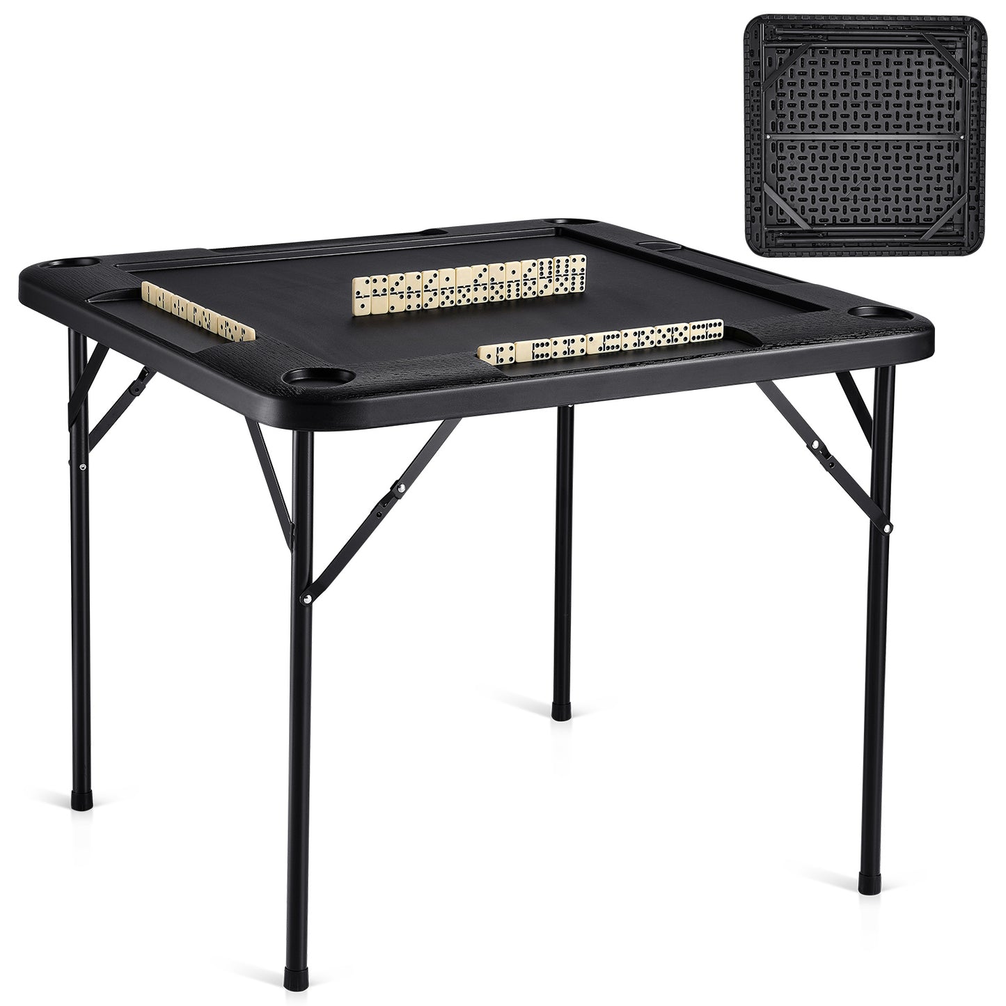 Mahjong Table 4 Player Folding Card Table & 4 Cup Holders Chip Trays Black