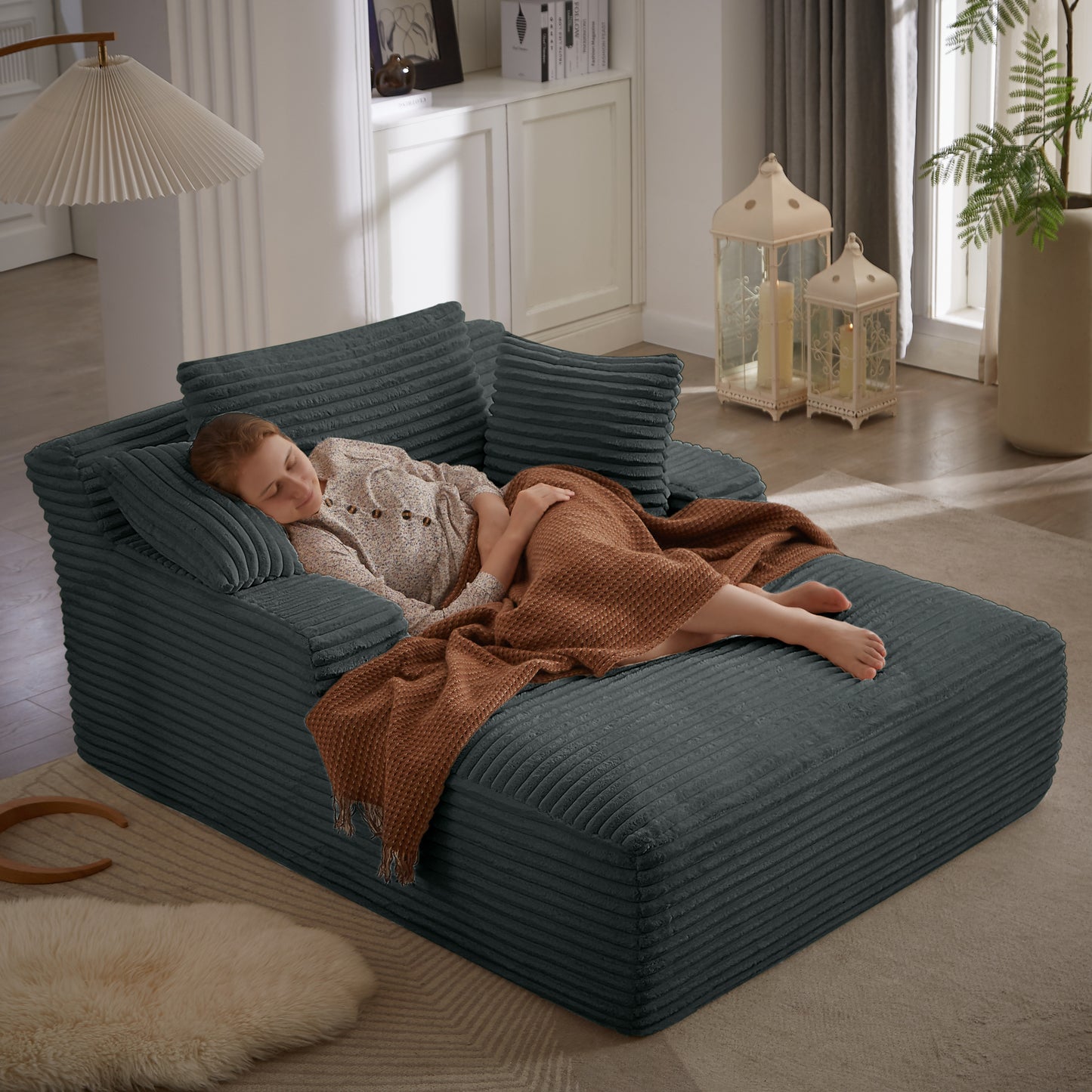 Oversized Chaise Lounge Chair Indoor, Corduroy Upholstered Modern Sofa Couch,No Assembly Required,Comfy Sleeper Sofa for Living Room,Office