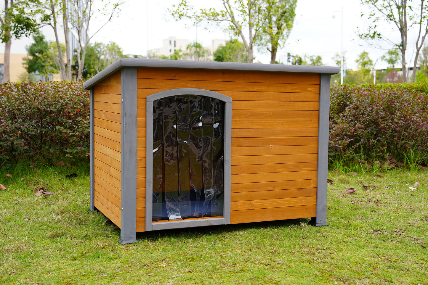 45' winter warm outdoor indoor dog house, made of solid wood, plastic curtain, insulation mat.