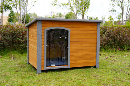 45' winter warm outdoor indoor dog house, made of solid wood, plastic curtain, insulation mat.