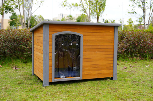 45' winter warm outdoor indoor dog house, made of solid wood, plastic curtain, insulation mat.