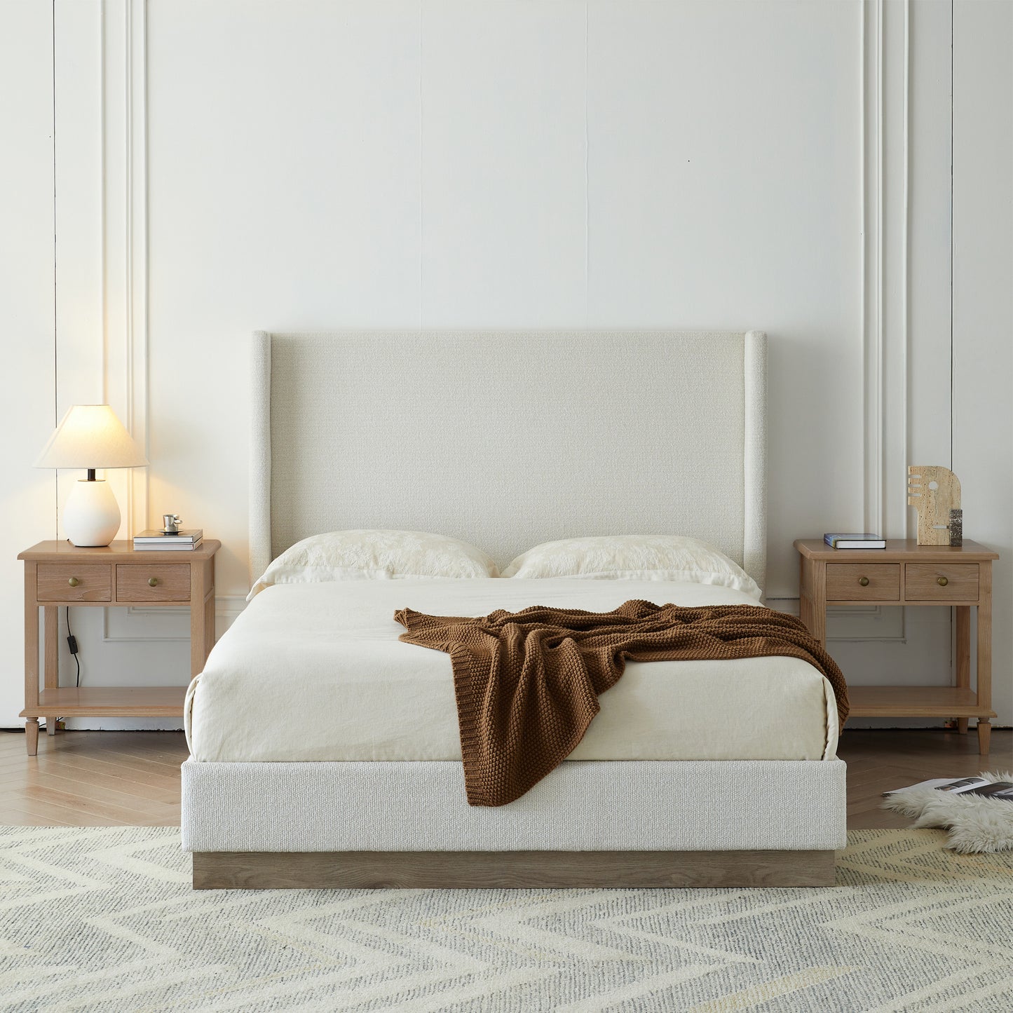 Hosford Upholstered Wingback Bed / Upholstered Wood Base Platform Bed / 53.1' High Headboard / Minimalist / Rusticity / No Box Spring Needed  / Queen / Cream White Boucle / No Noise
